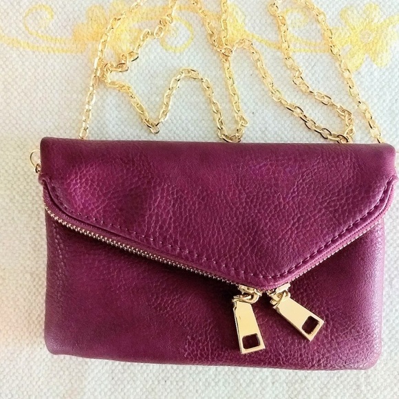 Burgundy Urban Expression Crossbody Vegan leather clutch purse gold detail. - Picture 5 of 10